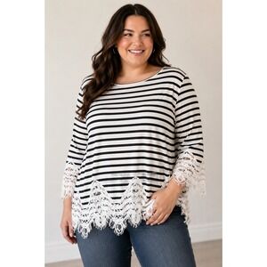 White House Black Market Striped Lace Trim Top XL Black White 3/4 Sleeve Knit